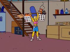 the simpsons character is holding two laundry baskets in his hand and looking at another person