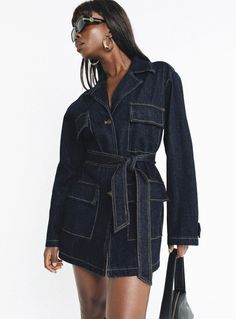 Long sleeve mini dress, dark wash denim Lapel collar, button front fastening, twin chest and hip pockets, removable waist tie  Non-stretch, unlined  95% cotton 5% elastane Cold gentle machine wash