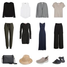 six different types of clothes and shoes for women in black, gray, white, grey