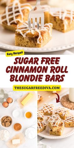 sugar free cinnamon roll blondie bars on a plate