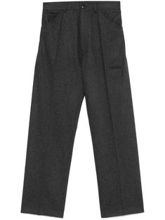 dark grey wool blend felted finish mélange effect concealed fly and button fastening belt loops pressed crease classic five pockets straight leg Wool Straight Leg Pants With Belt Loops, Wool Dress Pants With Belt Loops And Straight Leg, Gray Wool Pants With Welt Pockets, Wool Straight Leg Pants With Pockets, Wool Pants With Pockets Straight Hem, Wool Pants With Straight Hem And Pockets, Wool Pants With Pockets And Straight Hem, Wool Straight Leg Bottoms With Belt Loops, Wool Dress Pants With Belt Loops