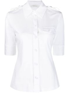 white cotton blend classic collar front button fastening epaulettes three-quarter length sleeves button-fastening chest pocket curved hem This item contains at least 50% materials which are certified or widely recognised as having a lower environmental impact through production and/or manufacturing processes that reduce water consumption and the use of harmful chemicals, or re-use by-products of the production process. Learn more about what makes a product Conscious on our Conscious Criteria page. Fitted White Blouse With Pockets, Fitted Modern Top With 3/4 Sleeves, Modern Formal Tops With Pockets, White Shirt With Concealed Placket For Summer, White Shirt With Placket For Work, Classic Cotton Blouse With Buttoned Pockets, White Short Sleeve Tops With Buttoned Pockets, Fitted Cotton Blouse With Concealed Placket, White Blouse With Concealed Placket For Office