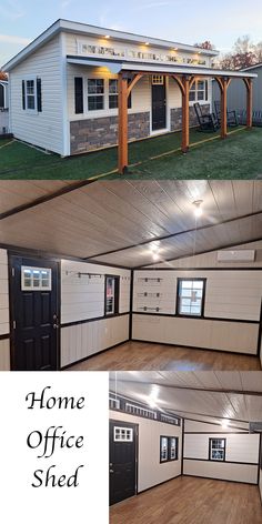 two pictures showing the inside and outside of a home office shed