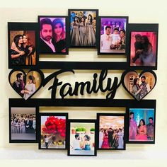 a family sign with many pictures hanging on it's side and the word family surrounded by heart - shaped photos