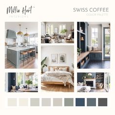 a collage of photos showing different rooms and furniture in the same color palettes