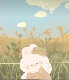 a cartoon bear holding a baseball bat in front of a field with wheat stalks and clouds