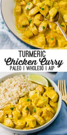 two pictures with different types of food in them and the words turmic chicken curry