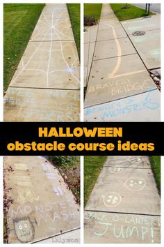 the sidewalk has been decorated with chalk and some writing on it, as if for halloween