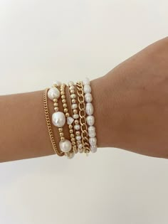 Freshwater pearls mixed with 14k gold filled beads to add a statement to your stack this season 6.5 inches & stretches Preppy Jewelry, Bracelet Stacks, Wrist Jewelry, Snake Jewelry, Jewelry Accessories Ideas, Gold Jewelry Necklace, Jewelry Essentials, Stacked Jewelry, Jewelry Lookbook