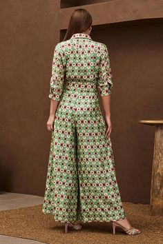 Green jumpsuit with geometric print and metal applique embroidered on torso and sleeves. Paired with embroidered belt. - Aza Fashions Papa Don't Preach, Jumpsuit For Women, Embroidered Belt, Print Jumpsuit, Jumpsuit Pattern, Luxury Sale, Green Jumpsuit, Printed Jumpsuit, Modern Bride