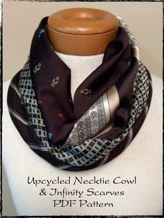 an upcycled necktie cowl and infinity scarves pattern on a mannequin