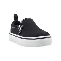 This classic black canvas slip-on style will quickly become the go-to pair of shoes for your kids. These casual shoes are great with virtually any outfit, and both you and your kids will love the easy-on/easy-off design with its elastic gore entry and heel tab. A durable white outsole with a black pin-line, and a blue sock completes the look. Great for school, for play, and just about every other occasion, these are the perfect shoes to add to his closet. Size: 4.  Gender: male. White Slip-on Canvas Shoes With Rubber Toe Cap, Comfortable Black Slip-on Canvas Shoes, Black Non-slip Slip-on Canvas Shoes, Black Canvas Slip-on Sneakers For Streetwear, Black Vulcanized Sole Slip-on Canvas Shoes, Black Slip-on Canvas Shoes With Vulcanized Sole, Black Low-top Slip-on Canvas Shoes, Black Canvas Slip-ons With Round Toe, Black Slip-on Canvas Shoes With Rubber Sole