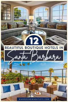 an advertisement for the 12 beautiful boutique hotels in santa barbara, california with palm trees