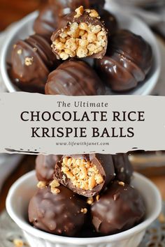 chocolate rice krispie balls stacked on top of each other in a white bowl with text overlay