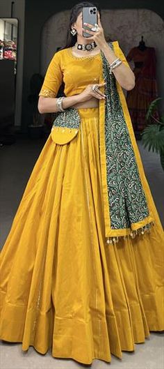 Yellow color Lehenga in Cotton fabric with Lace, Mirror work Cotton Wedding Dress With Zari Work, Floor-length Cotton Traditional Wear For Wedding, Floor-length Cotton Traditional Wedding Wear, Yellow Cotton Embroidered Fabric For Wedding, Anarkali Cotton Lehenga For Wedding, Cotton Sets With Traditional Drape For Wedding, Yellow Fitted Cotton Saree, Fitted Yellow Cotton Saree, Multicolor Embroidered Cotton Fabric For Wedding