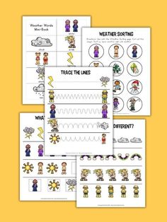 four different worksheets for weather and weathering with pictures on the top one