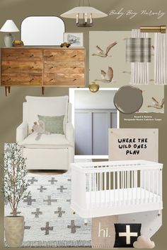 a baby's room with neutral colors and accessories