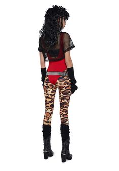 for going back to the '80s! This costume set has a stretchy jersey and sheer fishnet construction. Includes a cropped bandeau top, a short sleeve cropped tee, a unitard, leopard-printed leggings, a vegan leather belt, arm warmers, leg warmers, a spiked choker necklace, and a mullet wig. Trendy Fitted Fishnet Crop Top, Stretch Mesh Edgy Crop Top, Edgy Stretch Mesh Crop Top, Retro Stretch Cropped Top, Fitted Mesh Punk Bottoms, Trendy Crop Top For Concert, Trendy Stretch Crop Top For Concerts, Poison Costume, 80s Glam Rock