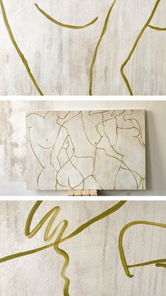 three different images of an abstract painting with gold paint on white paper and green ink