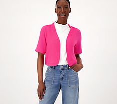 Add a touch of sophistication to your everyday ensembles with this cropped shrug. Elbow-length sleeves and an open front give this lightweight layer timeless appeal. From Isaac Mizrahi Live!TM. Crop Shrug, White Lace Cardigan, Paisley Sweater, Cropped Shrug, Light Pink Blouses, Polka Dot Cardigan, Plaid Cardigan, Marled Sweater, Black Long Sleeve Top