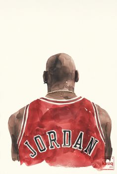 a painting of a man in a red jersey with his back turned to the camera