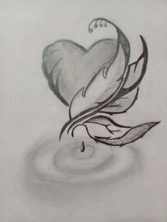 a pencil drawing of a heart with leaves and water drop on it's side