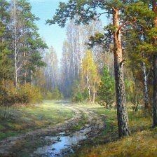 an oil painting of a dirt road in the woods