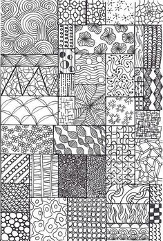 a black and white drawing of many different patterns