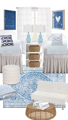 a blue and white bedroom is shown in this image, with accessories on the floor