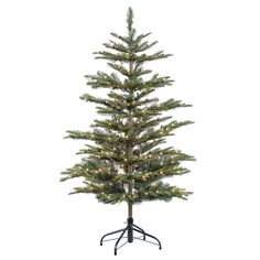 a small christmas tree with lights on it's branches and stand in front of a white background