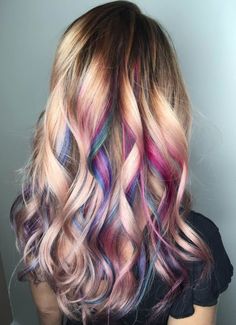 Strawberry Blonde Hair With Colored Tips, Blonde Hair With Fun Color Underneath, Summer Fun Hair Color, Blonde With Fun Colors Underneath, Hair With Colored Tips, Colorful Highlights For Blondes, Kids Hair Color Ideas Girls Fun, Hidden Color Hair, Kids Hair Dye Ideas