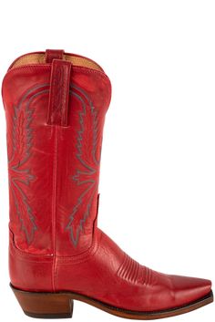 cowgirl boots  Lucchese stitch details  Material: Goat Toe Type: Lucchese 5-toe (snip) Heel Type: Lucchese 4-cowboy heel  Outsole: Leather  Insole: Cushioned leather Heel Height: 1 1/2" Shaft Height: 12" Care: Brush off with a damp cloth, apply with leather conditioner Manufactured: Handmade in Texas Western Red Snip Toe Boots, Western Red Boots With Snip Toe, Western Red Square Toe Boots, Red Western Boots With Square Toe, Red Square Toe Western Boots, Red Snip Toe Boots For Western-themed Events, Red Fitted Boots For Rodeo, Fitted Red Boots For Rodeo, Red Leather Boots For Ranch