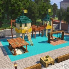 an outdoor play area is shown in the minecraft game, with several wooden structures and benches