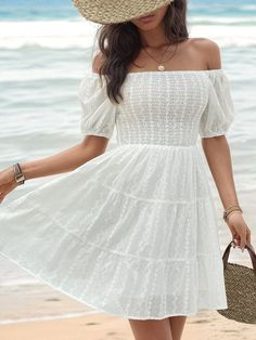 Smocked Eyelet Off-Shoulder... Pyjama Satin, Dress Weights, Short Dresses Casual, Types Of Dresses, Formal Evening Dresses, White Mini Dress, Beach Dress, Boho Dress, Jumpsuit Dress