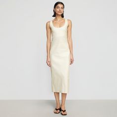 Bianca | Mona Cotton Twill Scoop-Neck Dress in Size Small Midi Length Dresses With Cutout Back For Day Out, Spring Longline Bodycon Dresses, Chic Longline Spring Dress, Spring Bodycon Longline Dress, Chic Midi Dress With Cutout Back For Day Out, Elegant Solid Color Scoop Neck Dress, Sleek Summer Midi Dress With Side Slits, Chic Dresses With Side Slits, Chic Spring Slip Dress With Scoop Neck