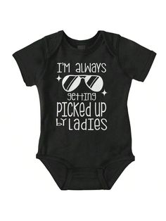 Attitude Baby Boy Graphic One Piece Bodysuit Cute Cool Sunglasses Funny Saying Sarcastic Humor I'm Always Getting Picked Up By Ladies Joke Casual Everyday Soft Cotton Printed Cap Sleeve Lap Neck Romper Baby Clothes Brisco Brands Black   Short Sleeve Fabric Graphic,Letter,Slogan Tee Medium Stretch All Baby Boys Clothing, size features are:Bust: ,Length: ,Sleeve Length: Baby Boy Onsies Cricut Funny, Black Cotton Onesie For Summer, Funny Fitted Black Onesie, Summer Bodysuit With Letter Print For Playtime, Summer Letter Print Bodysuit For Playtime, Black Summer Onesie For Playtime, Fitted Black Onesie For Summer, Boy Onsies, Funny Baby Onesies Boy