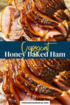 honey baked ham on a plate with text overlay