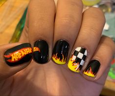 Hotwheels Nail Art, Hot Wheels Nails Acrylics, Car Acrylic Nails, Car Design Nails, Monster Jam Nail Designs, Car Theme Nails, Cars Nails Designs, Hot Wheel Tattoo, Racing Nail Ideas