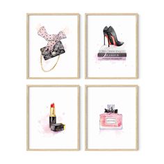 four framed art prints with different items on the top one is lipstick, high heel shoes and perfume bottle