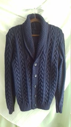 This listing is for a hand knit/handmade warm wool blend , shawl collar cable men's sweater/cardigan clasped on five buttons. The cardigan was made for custom orders only! Available colors are black, gray, navy, jeans-blue, chocolate -brown. S 36-37 92-95 M 38-40 96-101 L 40-42 101-106 XL 42-44 106-111 For better fitting , please provide the following measurements: Chest, waist, bicep circumferences length of the cardigan, length of the sleeve from underarm to wrist, your T shirt size. The proce Hand Knitted Sweaters, Blue Wool, Shawl Collar, Men's Sweater, Sweater Outfits, Hand Knitting, Sweater Cardigan, Sweaters & Cardigans, Wool Blend