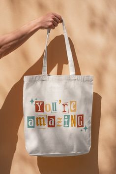 Retro Rectangular Bag With Letter Print, Retro White Bags With Letter Print, Retro White Bag With Letter Print, Trendy Tote Bags, You Are Amazing, Svg Quotes, Tote Bag Design, Canvas Bag, Beach Bag