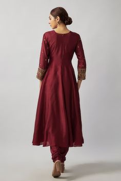 Maroon flared anarkali with sequin embellished yoke. Paired with a pant and dupatta with sequin work border. - Aza Fashions Embellished Raw Silk Anarkali Kurta, Embellished Anarkali Palazzo Set For Eid, Anarkali Embellished Palazzo Set For Eid, Embellished Maxi-length Kurta For Diwali, Embellished Anarkali Kurta For Eid, Designer Anarkali Embellished Kurta, Anarkali Embellished Designer Wear Kurta, Anarkali Embellished Kurta For Designer Occasions, Anarkali Art Silk Embellished Salwar Kameez