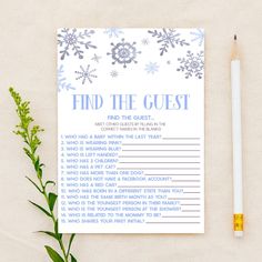 a printable snowflake find the guest card with a pencil and plant next to it