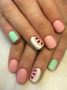 Watermelon Nail, Watermelon Nail Art, Tato Henna, Watermelon Nails, Cute Gel Nails, Short Acrylic Nails Designs, Cute Nail Designs, Nail Arts