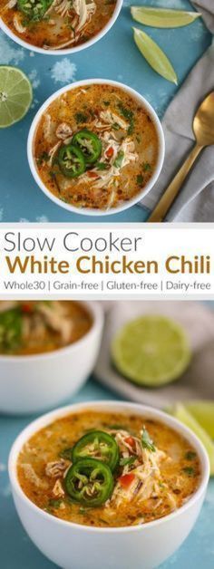 slow cooker white chicken chili in bowls with limes and cilantro on the side