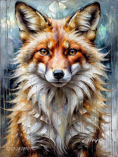 a painting of a fox with blue eyes