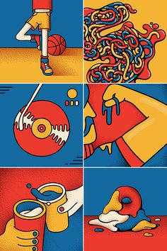 four different pictures with various colors and patterns on them, one has a basketball ball in it