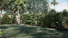 a lush green yard with palm trees and flowers