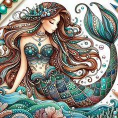 a drawing of a mermaid sitting on top of a blue ocean wave with pearls around her neck