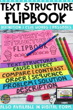 the text structure flip book is shown with pencils and markers